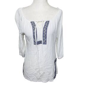 Solitaire Embroidered Peasant Top 3/4 Sleeves White Size Small